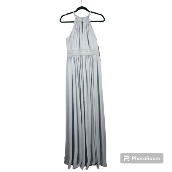 Bill Levkoff Julia Bridesmaid Dress Sz 4 Mist Blue Chiffon Halter Pleated Formal - Picture 1 of 12